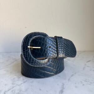 Anne Klein for Calderon Croc Embossed Leather Belt NAVY BLUE Made in USA M